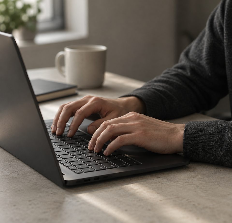Professional creating digital content on a laptop